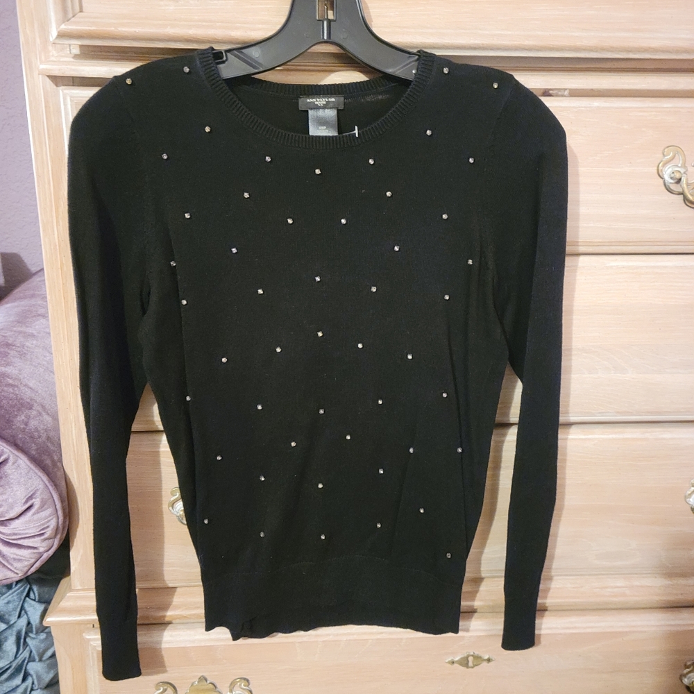 Ann Taylor Petite Black Sweater with Faux Stones on Front Size XSP